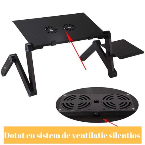 Măsuță laptop regabilă pe înălțime din aluminiu, masă cu sistem dublu ventilație tip cooler, USB, suport reglabil mouse, standing desk multifuncțional - Img 3
