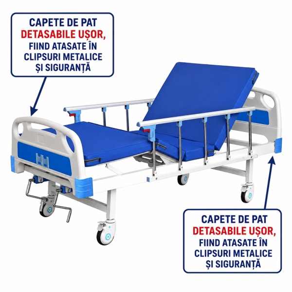 Professional medical folding hospital bed with mattress, 4 sections, 200 kg support, back and leg adjustment, infusion support - Dr.Denis™ - Img 3