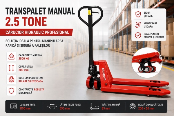 Transpalet manual 2500 kg, roti poliuretan, furci 1150mm - Img 4