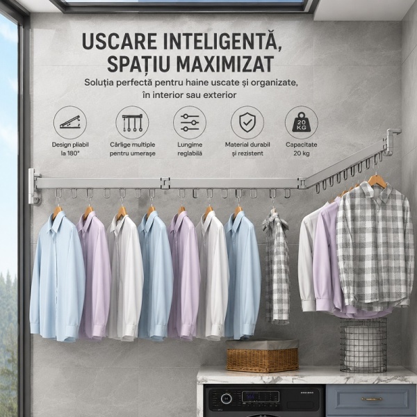 Foldable hanger rack 200 cm, 24 hangers, durable and resistant, adjustable, 180° rotation, made of aluminum, gray - Img 6