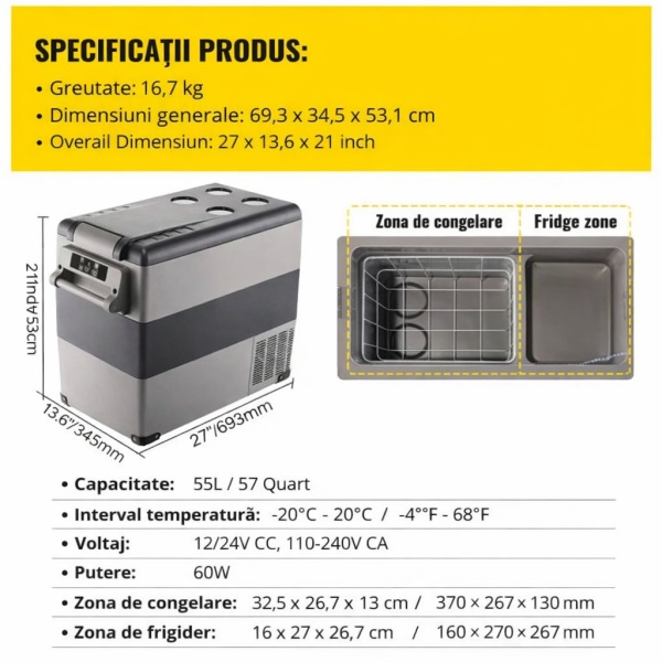 Frigider auto 45l cu compresor cu congelare pentru rulotă, camion, dube 3,5t cu alimentare la brichetă 12-24V, baterii panou solar - Img 3