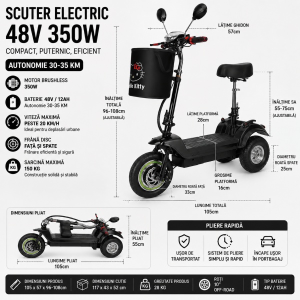 Motocicletă / Trotinetă 36V-500W 10Ah cu șezut reglabil, Scuter electric, Închidere la cheie (Copy 1) - Img 3