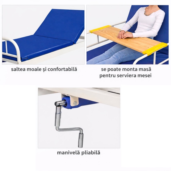 Pat de spital manual reglabil cu saltea, manivelă, protecții laterale, cadru oțel - Img 3