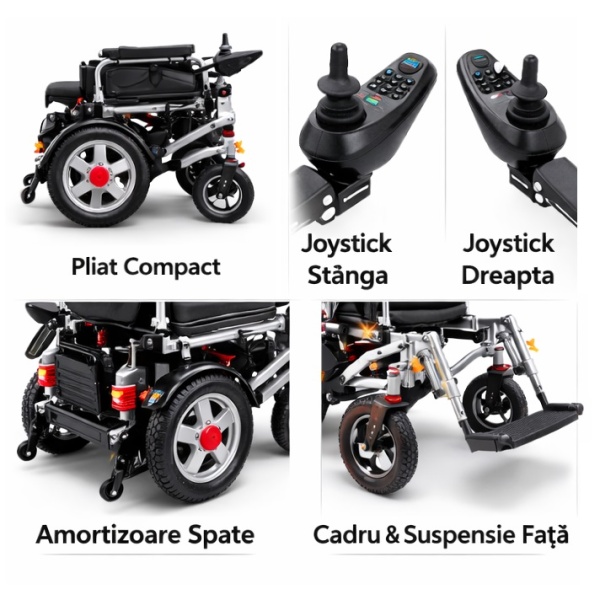 Fotoliu rulant electric pliabil cu joystick stânga/dreapta, acumulator mare autonomie, amortizoare spate și cadru ranforsat, scaun electric pentru persoane cu dizabilități