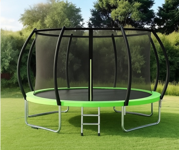 Trambulină cu Plasă Protecție 360°, Stâlpi Curbati, Culoare Negru/Verde