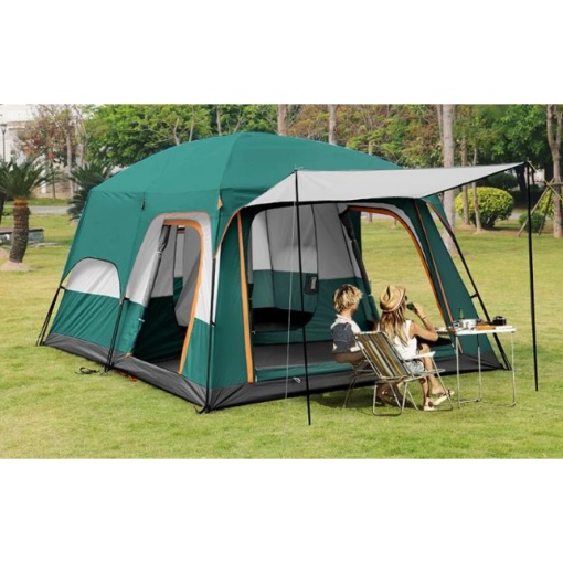 Cort de camping înalt, 4 persoane, cu terasă, 2 zone, 2 uși 2 ferestre