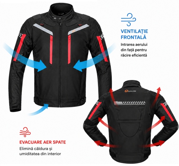 Geacă moto negru-roșu cu ilustrație a ventilației - DenisNetwork