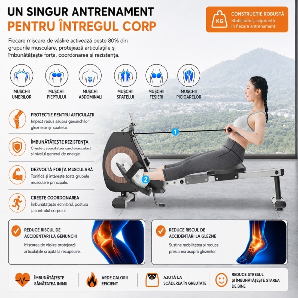 Foldable Magnetic Rowing Machine, 8 Resistance Levels, Dedicated App, Tablet Holder, Aluminum Rail - Img 3