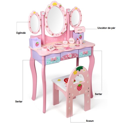 Masă și scaun de machiaj din lemn pentru copii, cu oglindă, accesorii din lemn, design elegant, culoare roz - Img 2
