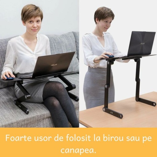Măsuță laptop regabilă pe înălțime din aluminiu, masă cu sistem dublu ventilație tip cooler, USB, suport reglabil mouse, standing desk multifuncțional - Img 5