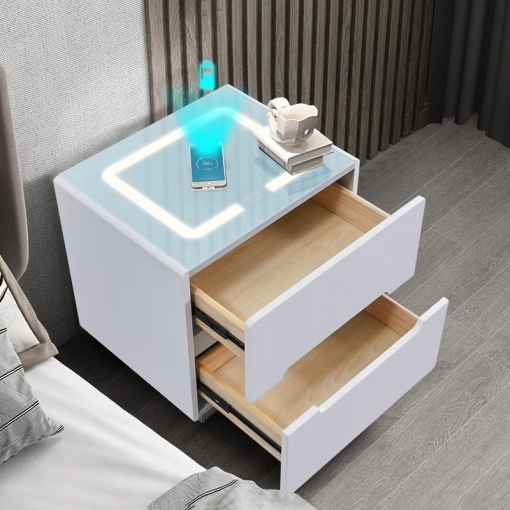 Noptieră albă securizată, încărcare wireless, USB, iluminare LED-uri cu Touch temperatură reglabilă