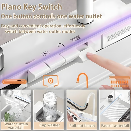 Chiuvetă Bucătărie Smart Multifuncțională Albă Inox (6 funcții) - AQUA 3 - 80 x 46 cm, cu display digital, 2 cascade, baterie filtru apă, dozator detergent