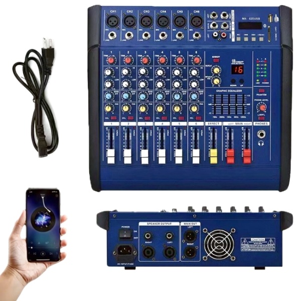 Mixer audio profesional cu amplificare, putere 2x250 W, 6 canale, 16 efecte, egalizator 5 benzi, Bluetooth, USB/MP3 și Sound Card