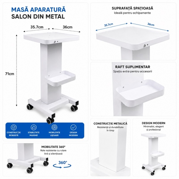 Professional Salon Equipment Table in Metal, White Apprentice with Equipment Rollers, Resistant up to 30kg - Img 3