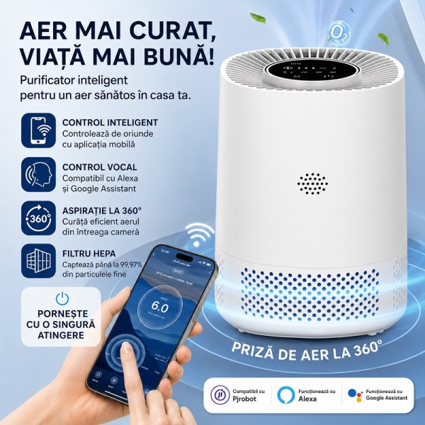 Purificator Aer Filtru HEPA cu WiFi - Elimină 99,97% din Praf, Polen, Fum, Păr de Animale - Img 5