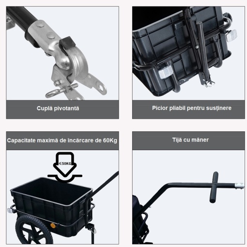 Detachable bicycle trailer, cargo trolley, steel frame, reflective elements, black - Img 9