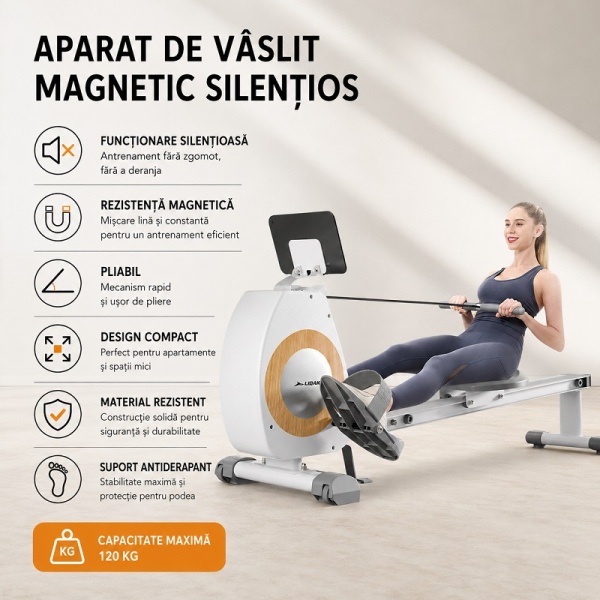 Foldable Magnetic Rowing Machine, 8 Resistance Levels, Dedicated App, Tablet Holder, Aluminum Rail - Img 4