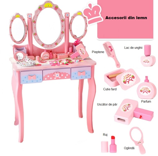 Masă și scaun de machiaj din lemn pentru copii, cu oglindă, accesorii din lemn, design elegant, culoare roz - Img 3