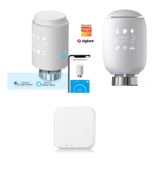 Set 2 capete termostatice + Gateway Hub cu reglare de temperatură individuală, Wireles, ZegBee, TUYA, Smart Life cu adaptoare incluse