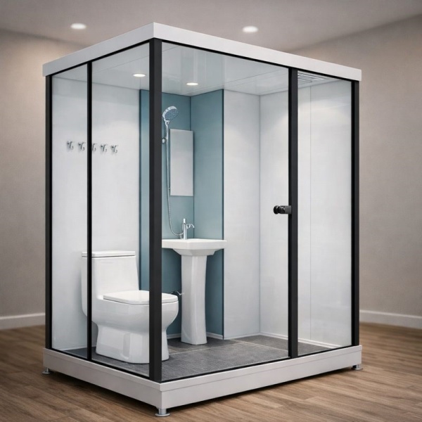 Toaletă modulară DenisNetwork montată în container locuit, cabină baie prefabricată cu WC, chiuvetă și duș