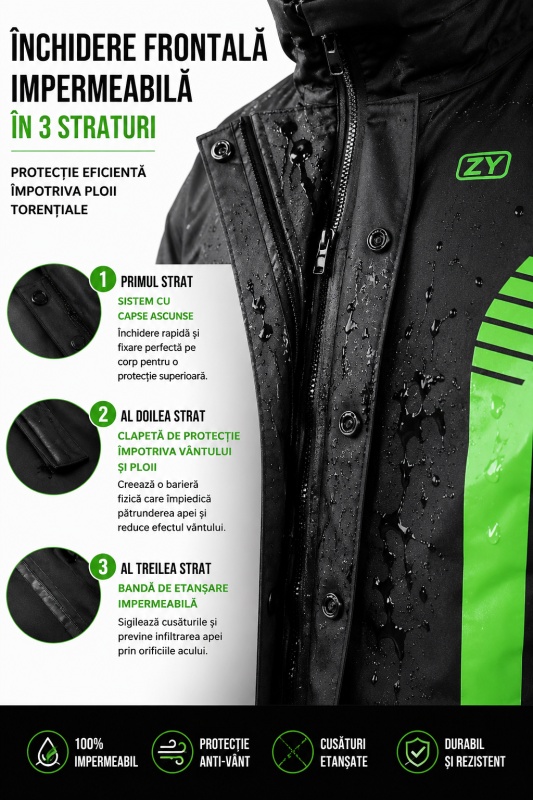 Costum Ploaie Moto Impermeabil Premium - Set Geacă și Pantaloni pentru Motocicletă, Anti-Vânt, Cusături Etanșate, Glugă Detașabilă și Buzunare Impermeabile - Img 3