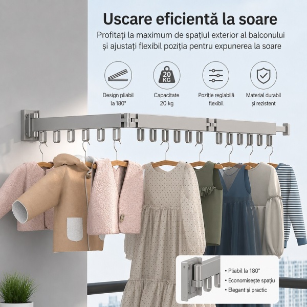 Foldable hanger rack 200 cm, 24 hangers, durable and resistant, adjustable, 180° rotation, made of aluminum, gray - Img 9