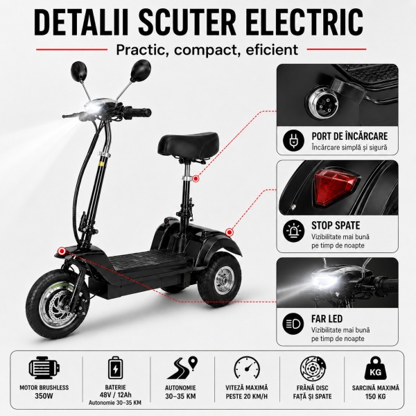 Motocicletă / Trotinetă 36V-500W 10Ah cu șezut reglabil, Scuter electric, Închidere la cheie (Copy 1) - Img 4