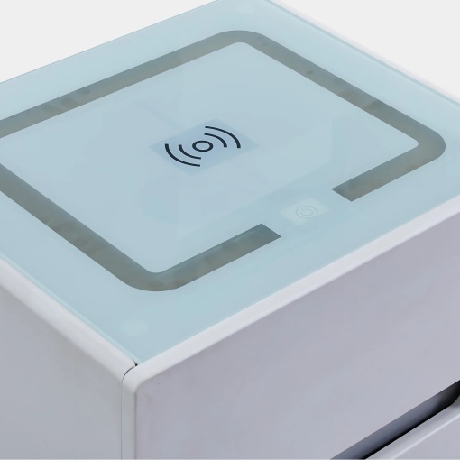 Multifunctional smart bedside table - Ingrid 2 drawers white tempered glass, wireless charging, USB, LED lighting with Touch adjustable temperature - Img 4