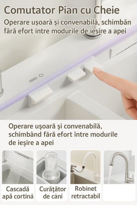Chiuvetă Bucătărie Smart Multifuncțională Albă Inox (6 funcții) - AQUA 3 - 80 x 46 cm, cu display digital, 2 cascade, baterie filtru apă, dozator detergent