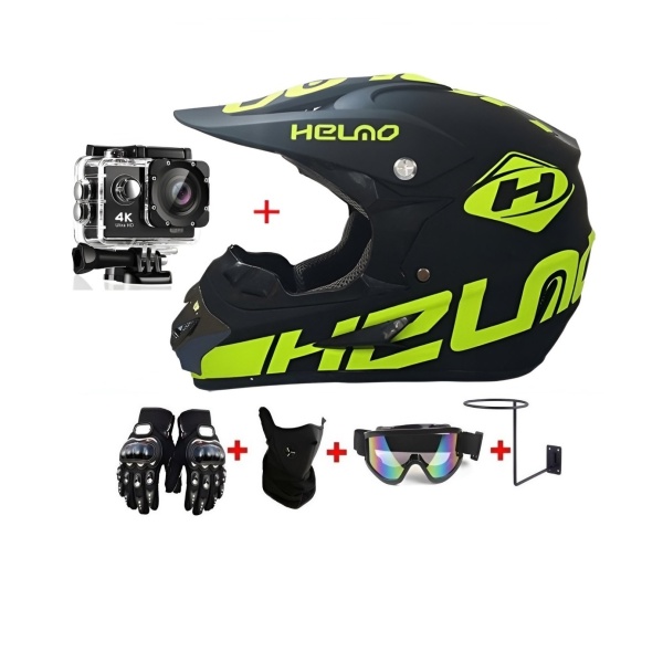 Set Cască Cross Negru/Verde Neon cu Mănuși, Ochelari, Cagulă și Suport de Perete pentru Motociclete, Enduro, Atv, Bicicletă - Flytec™
