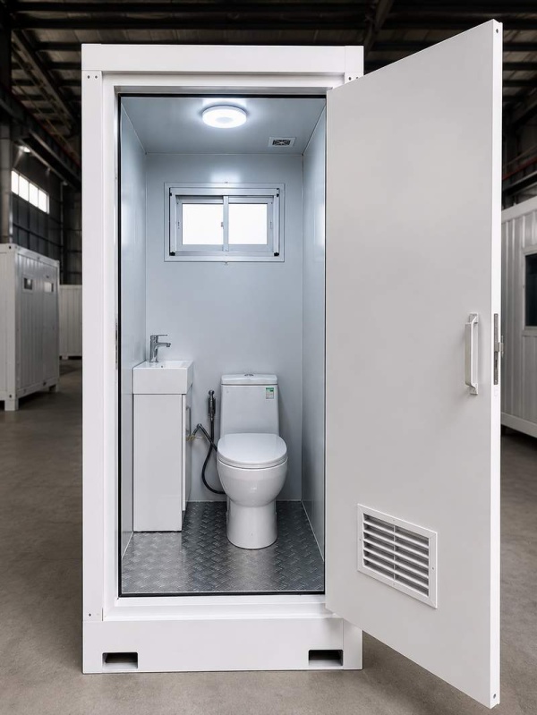 Cabina sanitara modulara pentru container cu exterior minimalist si constructie durabila, potrivita pentru tiny house, birouri modulare si proiecte prefabricate premium.