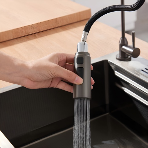 Chiuvetă bucătărie smart cu baterie cu display digital, cascadă rotativă, baterie filtru apă, dozator detergent, spălător pahare, suport cuțite, 2 tăvițe uscare + tocător