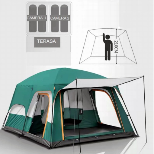 Cort de camping înalt, 4 persoane, cu terasă, 2 zone, 2 uși și 2 ferestre - Img 5
