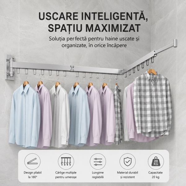 Foldable hanger rack 200 cm, 24 hangers, durable and resistant, adjustable, 180° rotation, made of aluminum, gray - Img 4