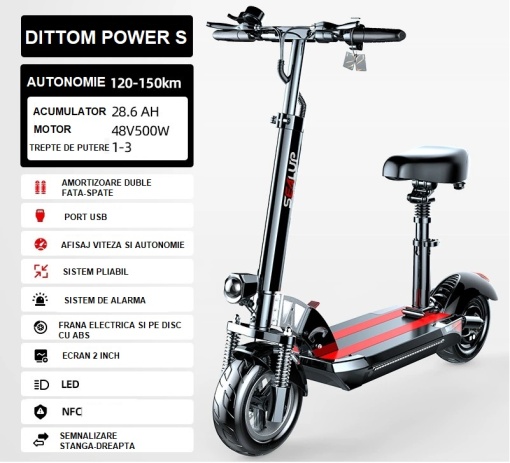 Trotinetă electrică Dittom Power 48V 500W cu șezut autonomie 28.6Ah pliabilă ride sharing