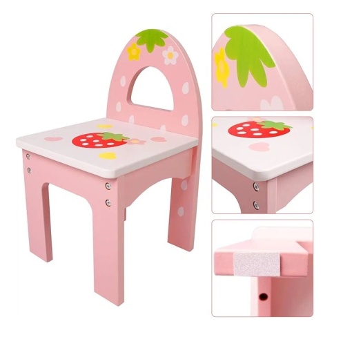 Masă și scaun de machiaj din lemn pentru copii, cu oglindă, accesorii din lemn, design elegant, culoare roz - Img 5