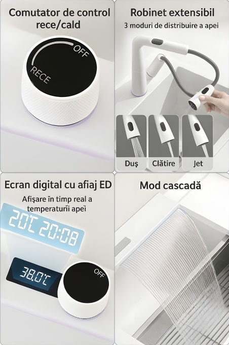 Chiuvetă Bucătărie Smart Multifuncțională Albă Inox (6 funcții) - AQUA 3 - 80 x 46 cm, cu display digital, 2 cascade, baterie filtru apă, dozator detergent