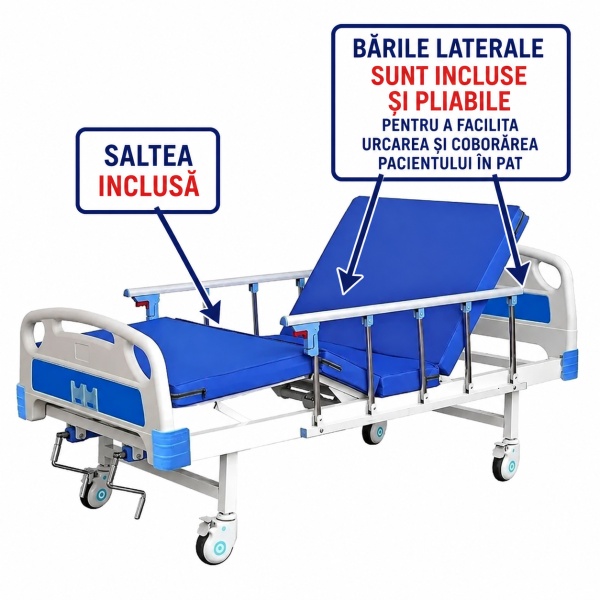 Professional medical folding hospital bed with mattress, 4 sections, 200 kg support, back and leg adjustment, infusion support - Dr.Denis™ - Img 2