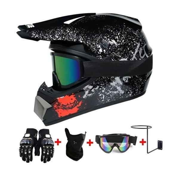 Set Cască Cross Panther cu Mănuși, Ochelari, Cagulă pentru Motociclete, Dirt Bike, Enduro, Atv, Mărime S, M, L, XL - Flytec™