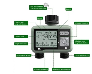 Автоматичен контролер за напояване, 2 независими зони, голям екран, метална връзка, двоен изход за пръскачки, капкообразуватели - Img 3