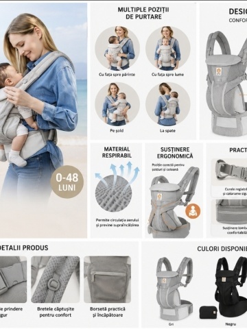 Realizat din materiale rezistente si confortabile, marsupiul este prevazut cu sistem de prindere sigur, bretele captusite si borseta practica inclusa. Designul ergonomic distribuie uniform greutatea copilului pentru o experienta placuta si sigura la fieca