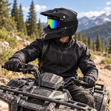 Motociclist purtând casca cross Storm Black Flytec™ pe ATV, pe traseu off-road