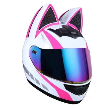 Cască Moto Damă Integrală Full Face Alb/Roz cu Urechi de Pisică și Vizieră Oglindă - Motocicletă, Scuter, ATV, Fete, S-L - Flytec™