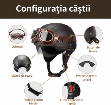 Cască Moto Retro cu Ochelari și Vizieră de Soare – Confort și Stil pentru Motocicletă, Scuter și Chopper - Img 4