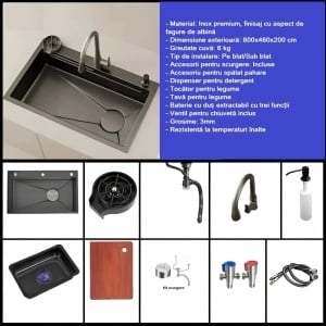 Chiuvetă bucătărie smart multifuncțională (3 funcții) - AQUA 4, inox gri antracit, 80 x 46 cm, baterie principală, dozator detergent, spălător pahare, tăviță de uscare + tocător - Img 4