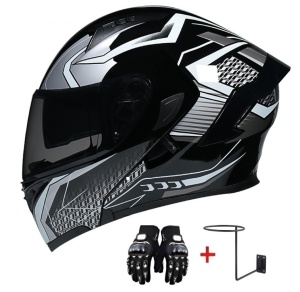 Full Face Flip Up Motorcycle/Scooter Helmet With Double Visor – Black/White Sport Design, Modular Folding System - Img 2
