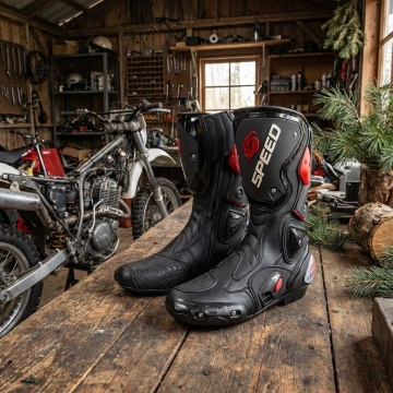 Ghete moto bărbați negre lângă motociclete în atelier