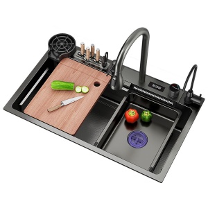 Multifunctional smart kitchen sink (6 functions) - AQUA 8, anthracite gray stainless steel, 80 x 46 cm, digital display faucet, rotating waterfall, water filter faucet, detergent dispenser, glass washer, knife holder, 2 drying trays + chopper