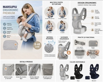 Infografic cu poziții de purtare și detalii ale marsupiului ergonomic gri