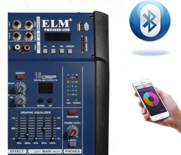 Mixer cu amplificare, putere 2x250 W, 4 canale, 16 efecte, egalizator 5 benzi, Bluetooth, USB/MP3 și Sound Card